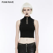 Semi High Neck Tops Sleeveless Punk Vest Back With Zipper