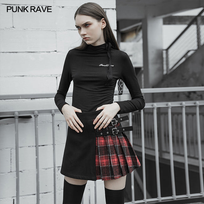 Colored checked folded half skirt with button loop– Punkravestore