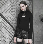 PUNK RAVE Heart hollowing out tie-up rope eyelet tight sweater (with rope)