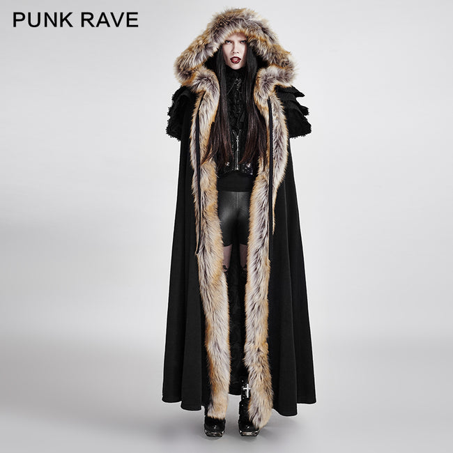 Punk Rave Mens Long Gothic Vampire Hooded Cloak Cape Coat Black Faux  Leather
